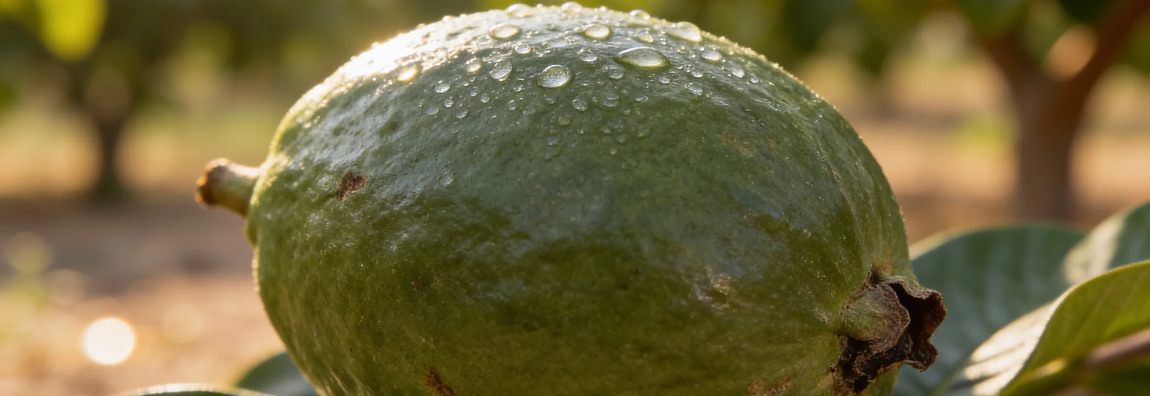 Guayaba recién recogida sobre sus propias hojas, con la hilera del huerto desenfocada detrás